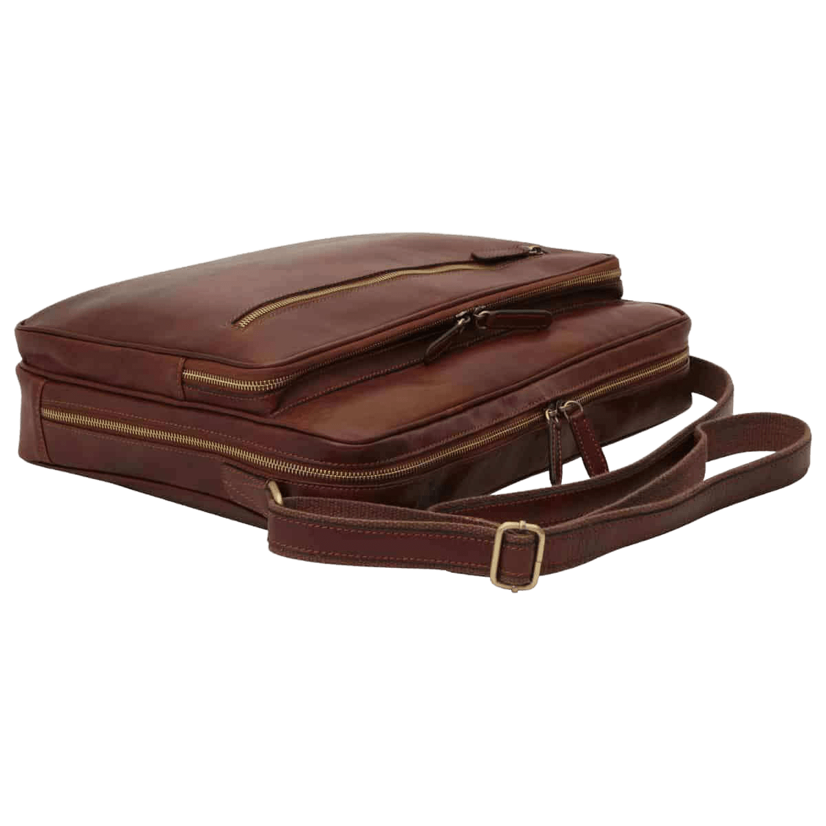 Borsa messenger in pelle marrone con zip superiore e tracolla in cuoio