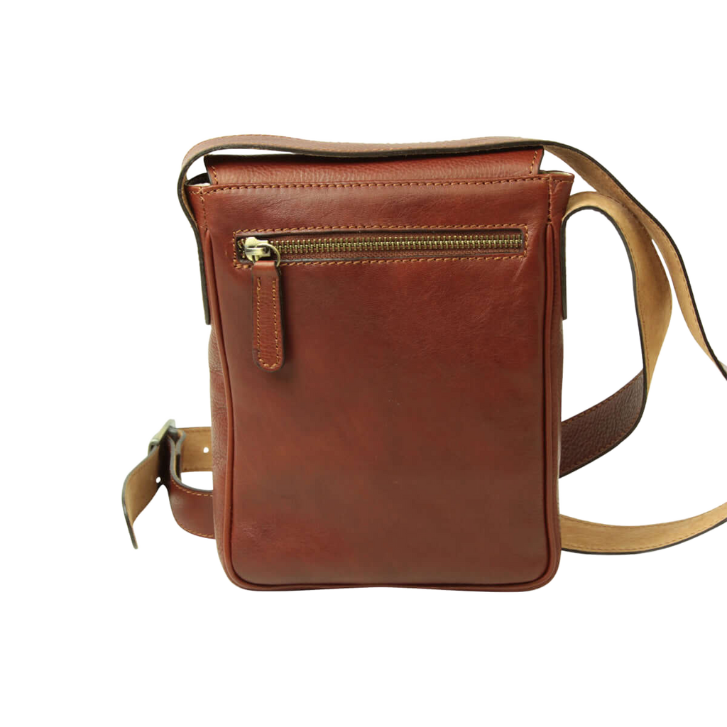 Borsa a tracolla in pelle mogano con zip frontale e tracolla regolabile