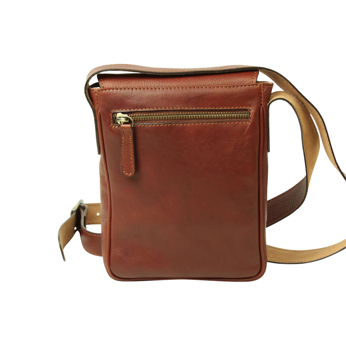 Borsa a tracolla in pelle mogano con zip frontale e tracolla regolabile