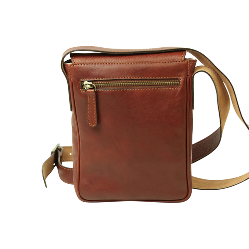 Borsa a tracolla in pelle mogano con tasca esterna e tracolla regolabile.