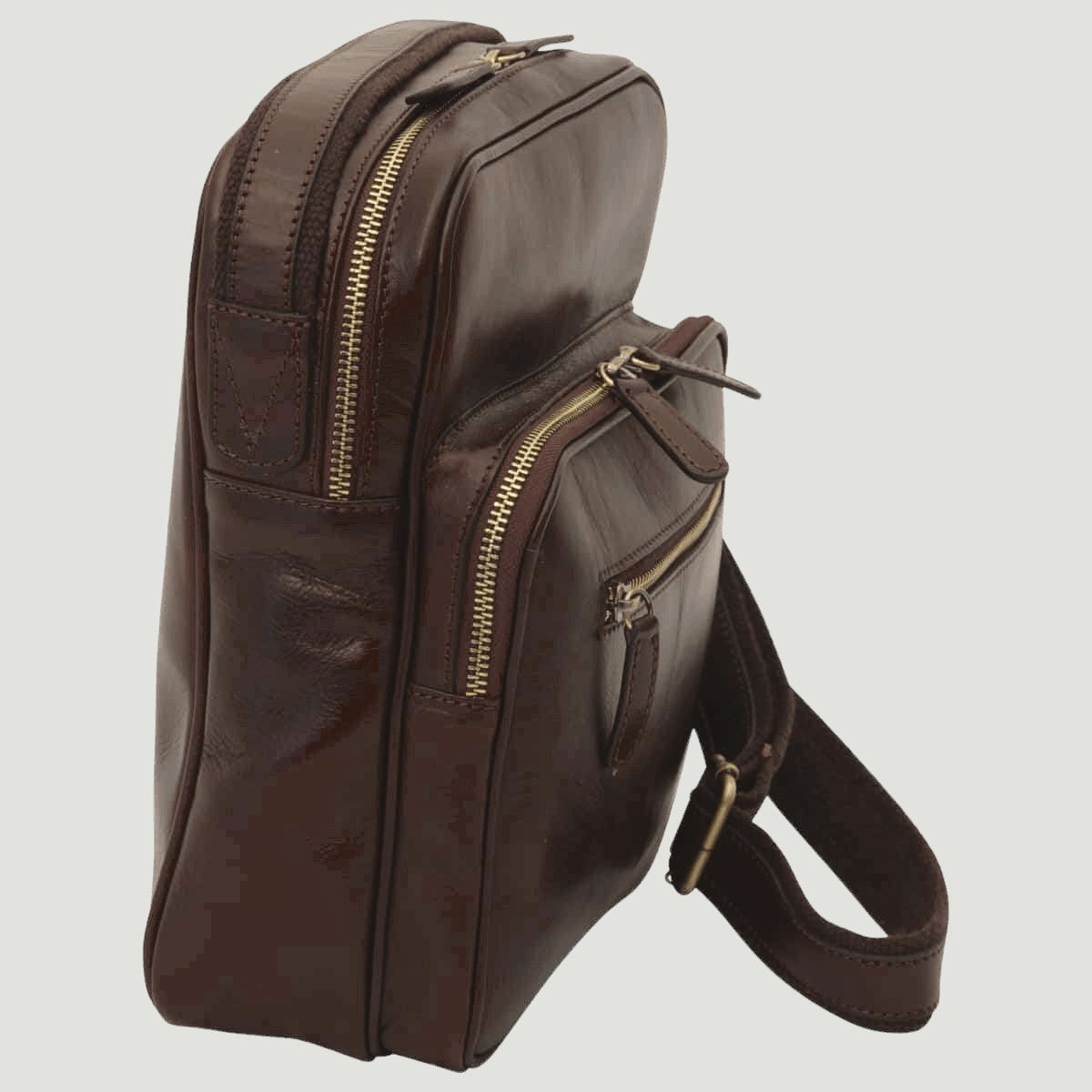 Borsa messenger piccola in pelle marrone scuro con doppia tasca con zip