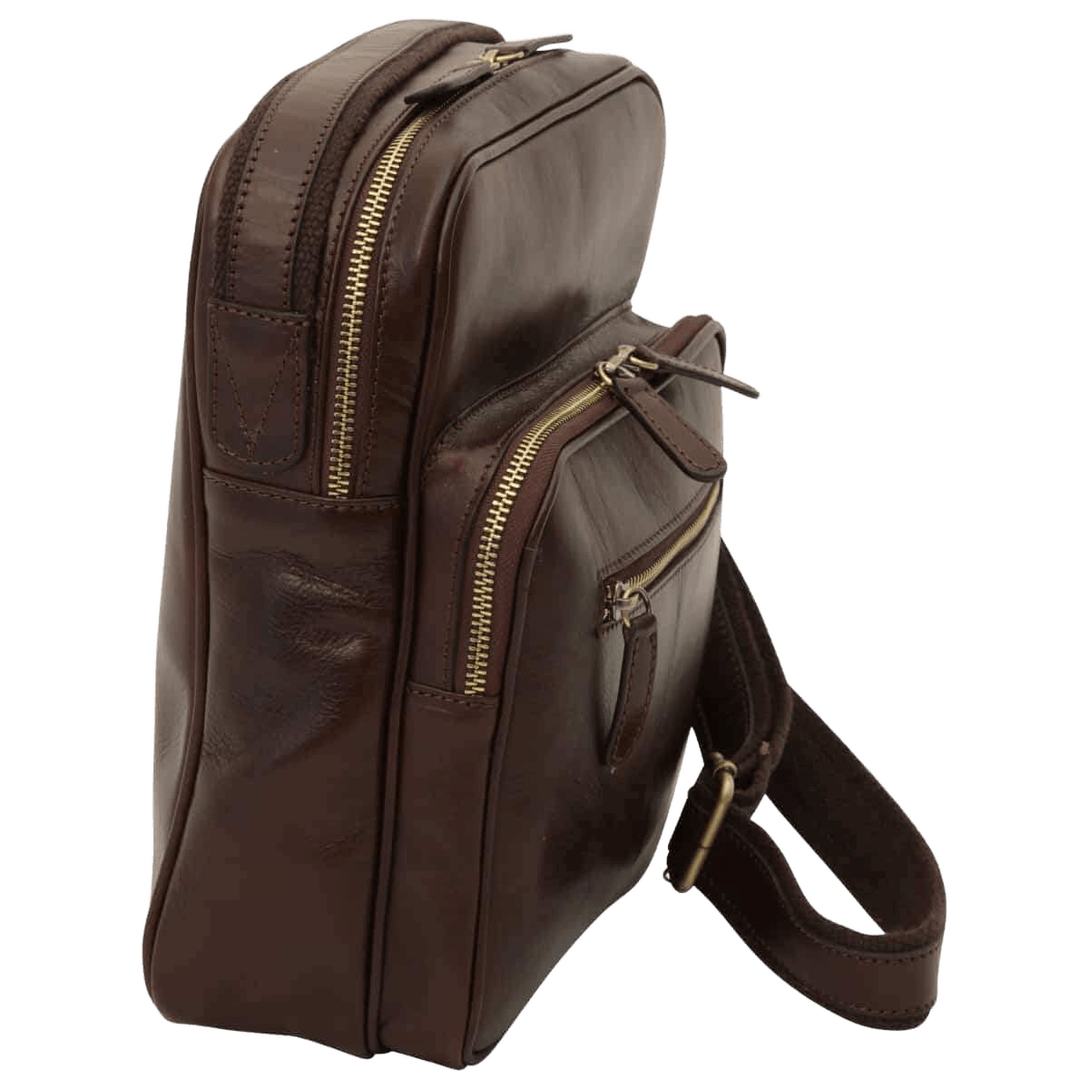 Borsa messenger in pelle di vitello marrone scuro piccola con zip e tracolla