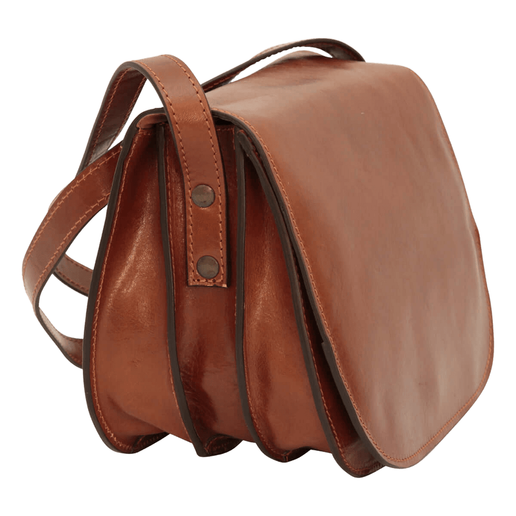 Borsa a tracolla in pelle marrone con fibbie e tracolla regolabile