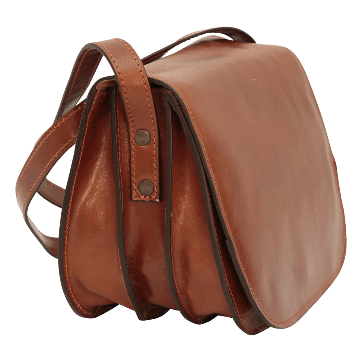 Borsa a tracolla in pelle marrone con fibbie e tracolla regolabile