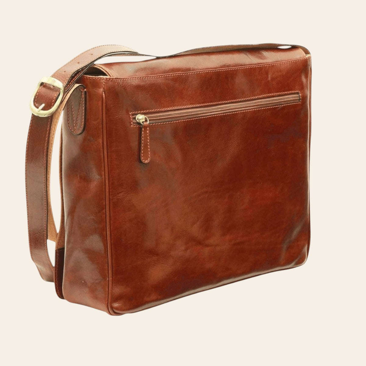 Borsa messenger uomo in pelle marrone con zip frontale e tracolla