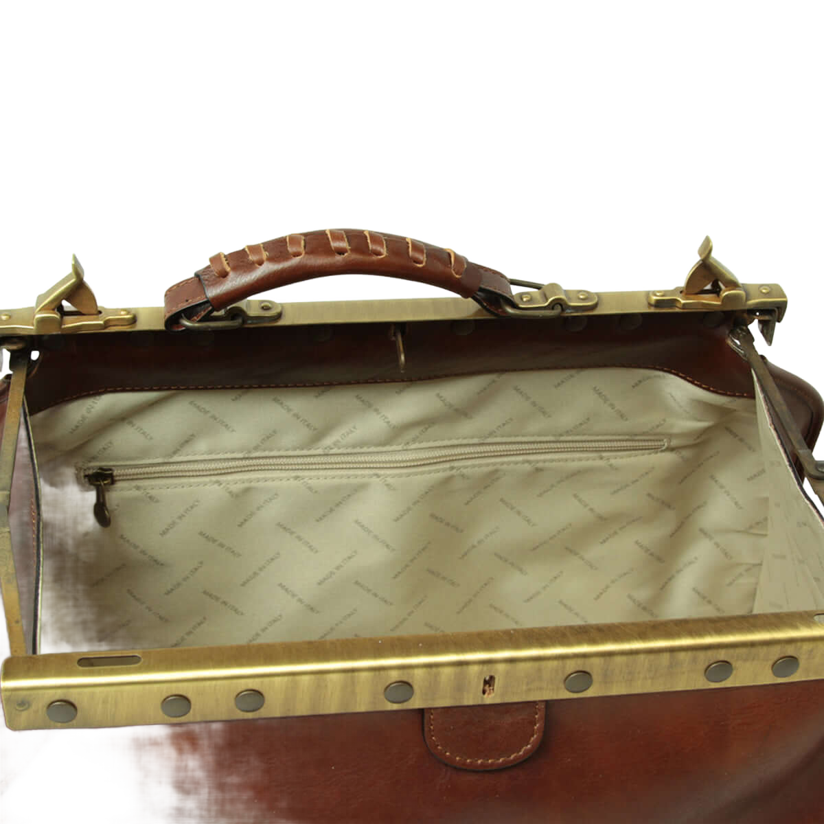 Borsa da viaggio media in pelle marrone, interno chiaro con fodera a disegni e zip