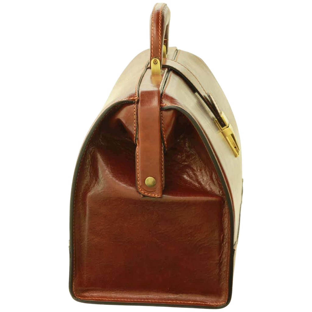Borsa da medico in pelle marrone con manico ad arco e fibbia rettangolare