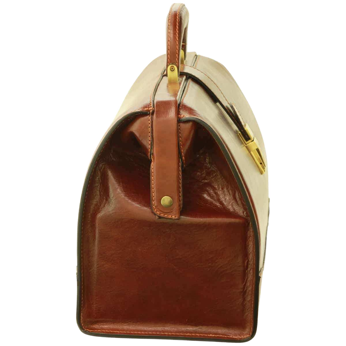 Borsa da medico in pelle marrone con manico ad arco e fibbia rettangolare