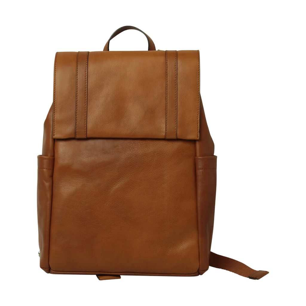 Zaino in pelle marrone per laptop con pattina frontale e spallacci regolabili