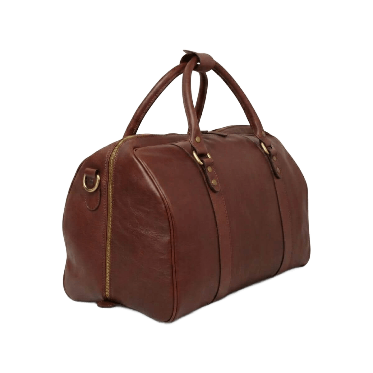 Borsa da viaggio in pelle marrone con zip frontale e manici doppi, tasca laterale