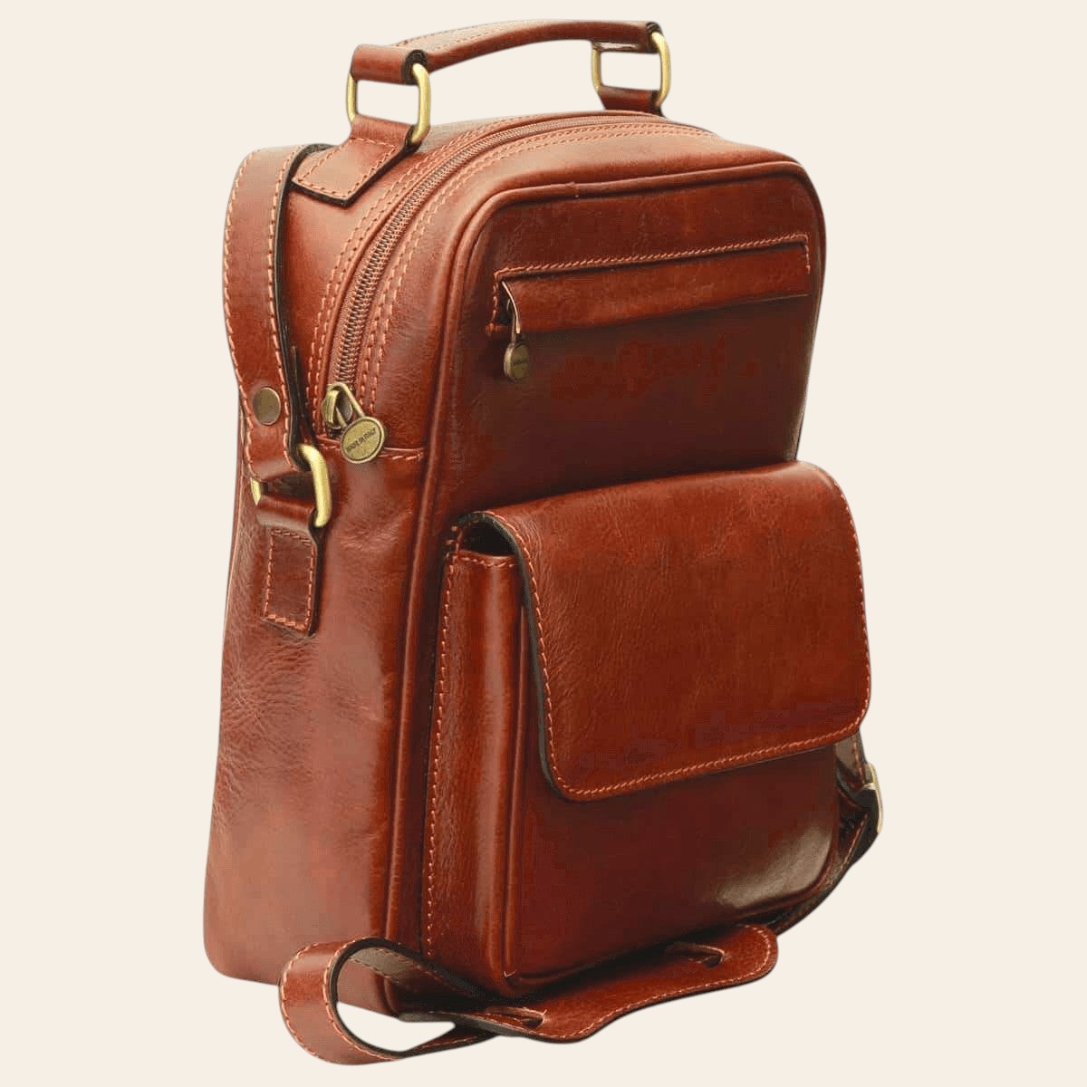 Borsa a tracolla in pelle marrone con maniglia superiore e tasca esterna