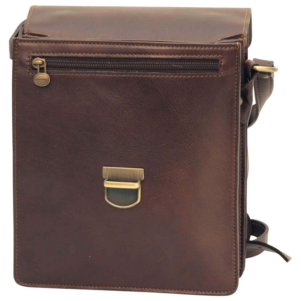 Borsa a tracolla in pelle marrone da uomo con chiusura a clip e tracolla regolabile.