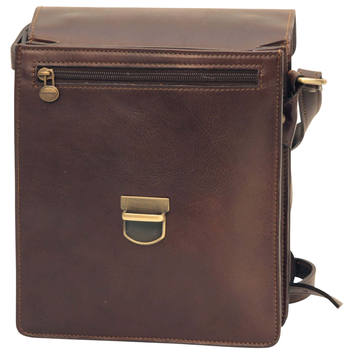 Borsa a tracolla in pelle marrone da uomo con chiusura a clip e tracolla regolabile.