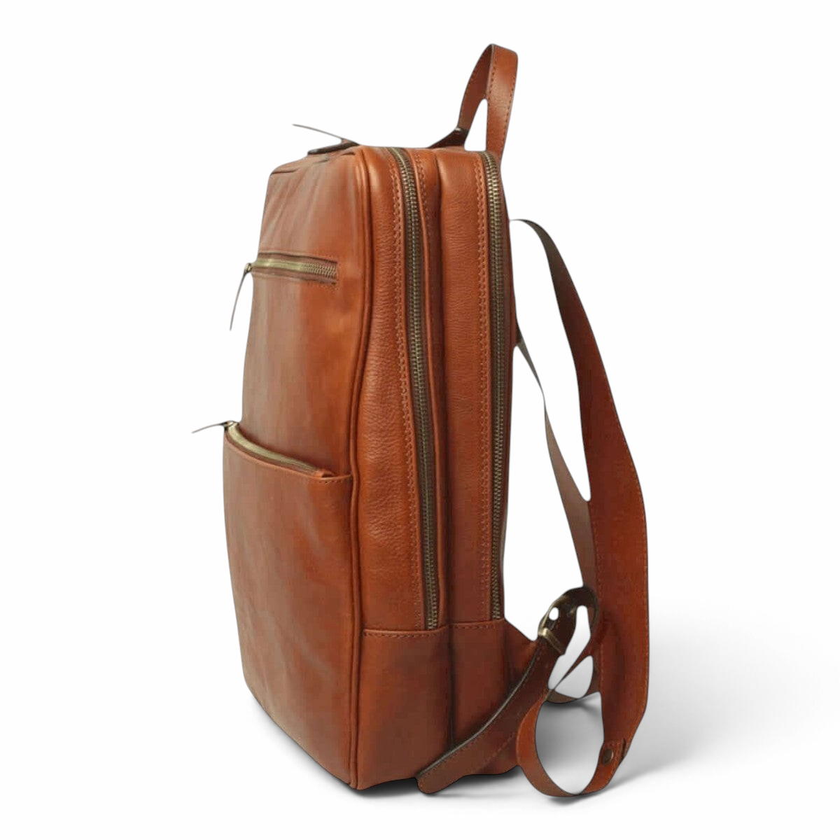 Zaino in pelle marrone con zip verticale laterale e tracolla