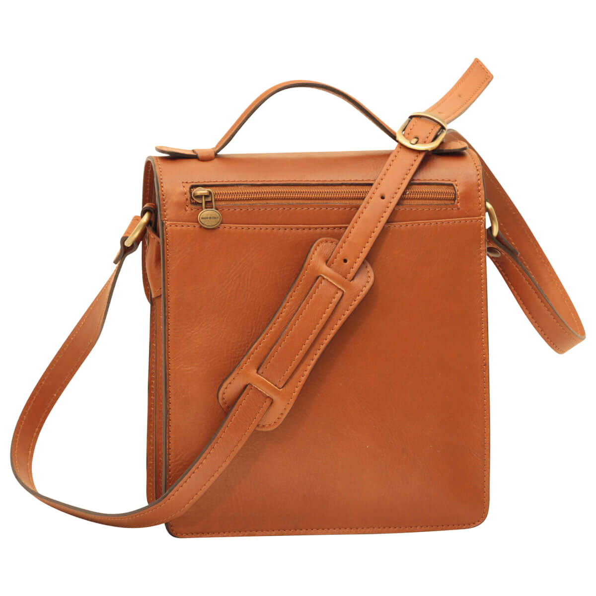 Borsa a tracolla in pelle marrone con tracolla imbottita e zip frontale