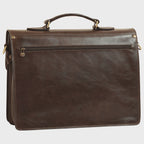Borsa porta laptop in pelle marrone scuro con tasca frontale e zip, manici