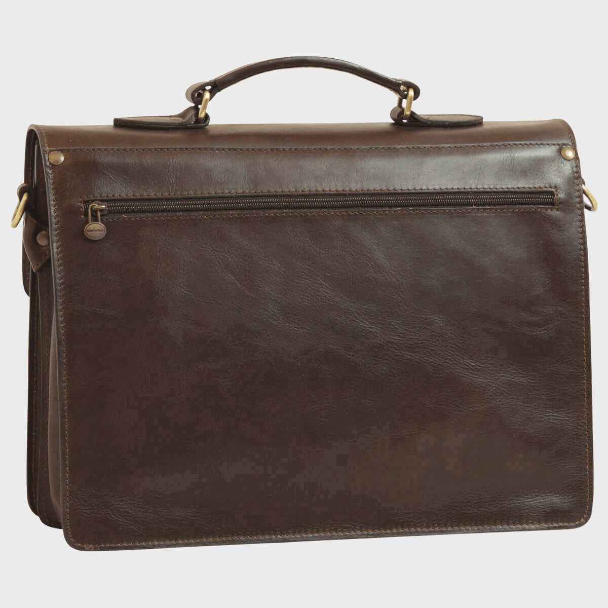 Borsa porta laptop in pelle marrone scuro con tasca frontale e zip, manici
