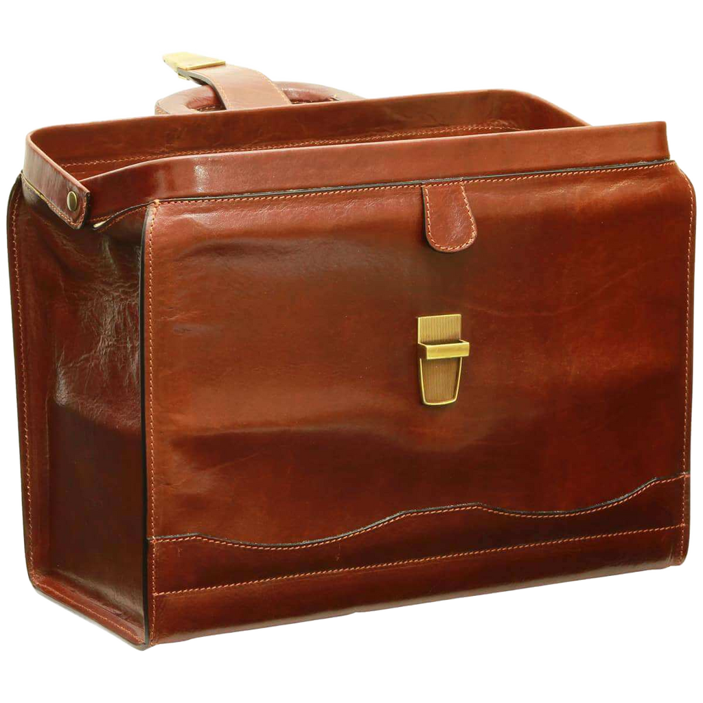 Borsa da medico in pelle marrone con chiusura a fibbia e manici superiori