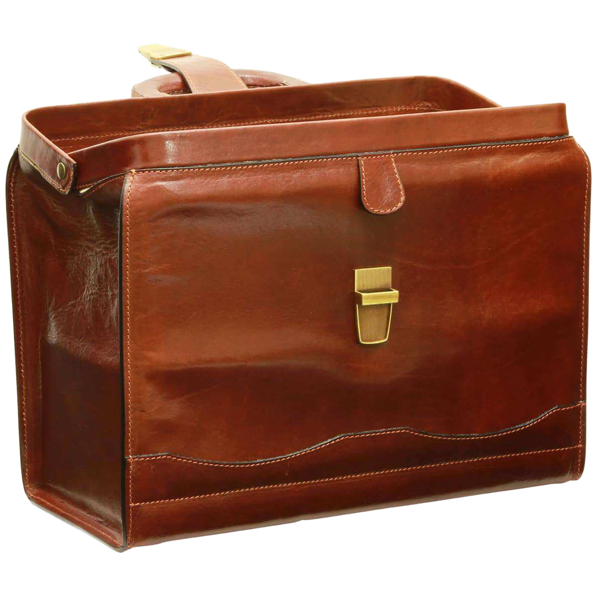 Borsa da medico in pelle marrone con chiusura a fibbia e manici superiori