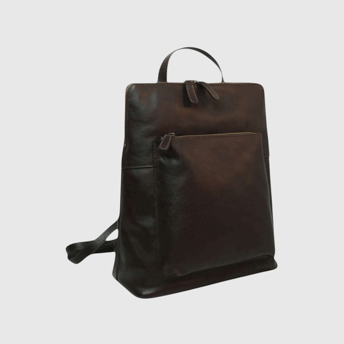 Zaino in pelle di vitello marrone scuro con zip e tracolla regolabile
