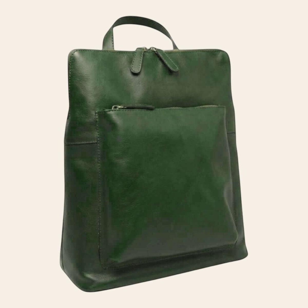 Sac à dos en cuir de veau pleine fleur vert, avec poignée supérieure et poche avant