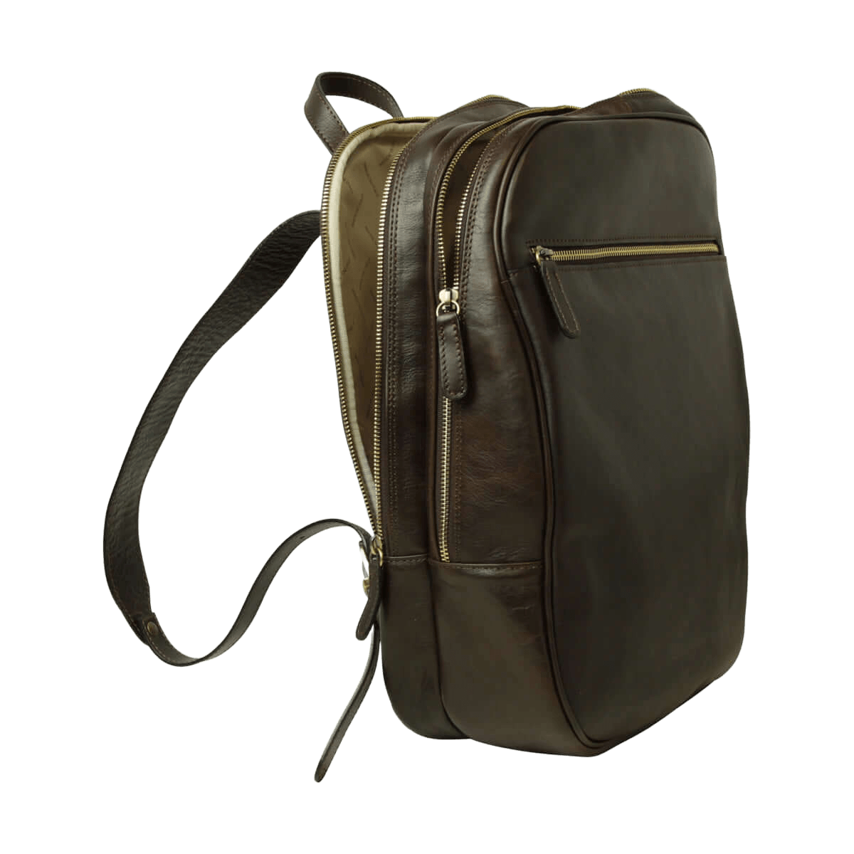 Zaino in pelle marrone scuro con tasca con zip frontale e tracolla