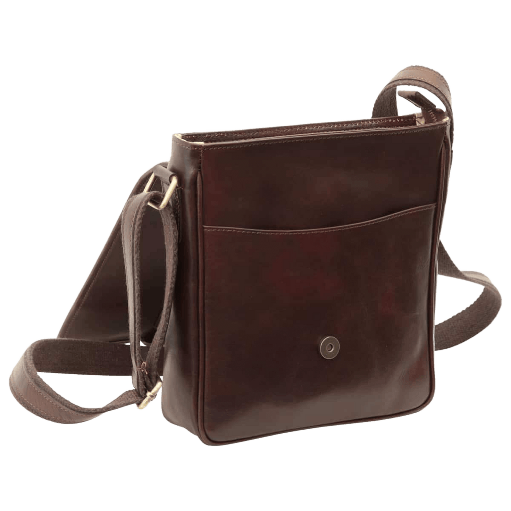 Tracolla messenger marrone scuro con tasca frontale e chiusura a bottone, tracolla.