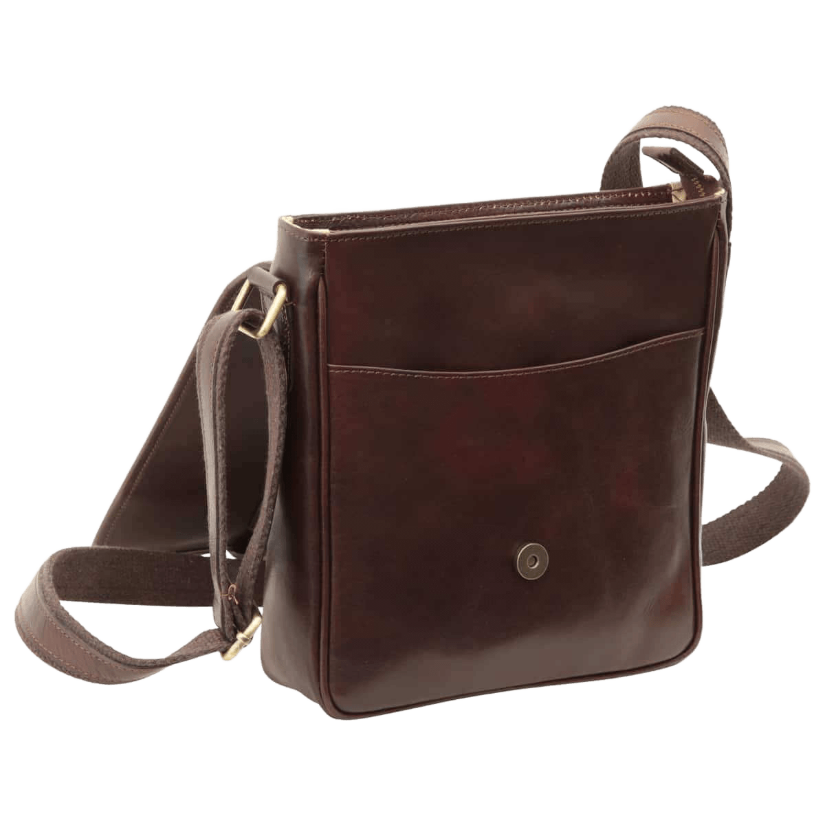 Tracolla messenger marrone scuro con tasca frontale e chiusura a bottone, tracolla.