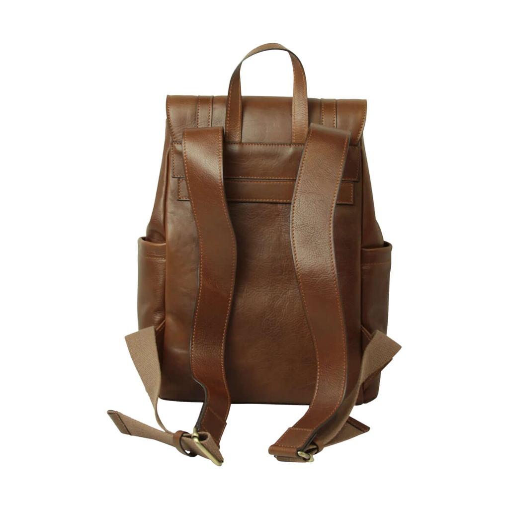 Zaino in pelle castagna per laptop con fascia trolley e spallacci regolabili