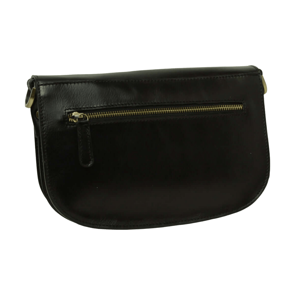 Borsa a tracolla nera in vitello con zip frontale dorata e tasca semicircolare.