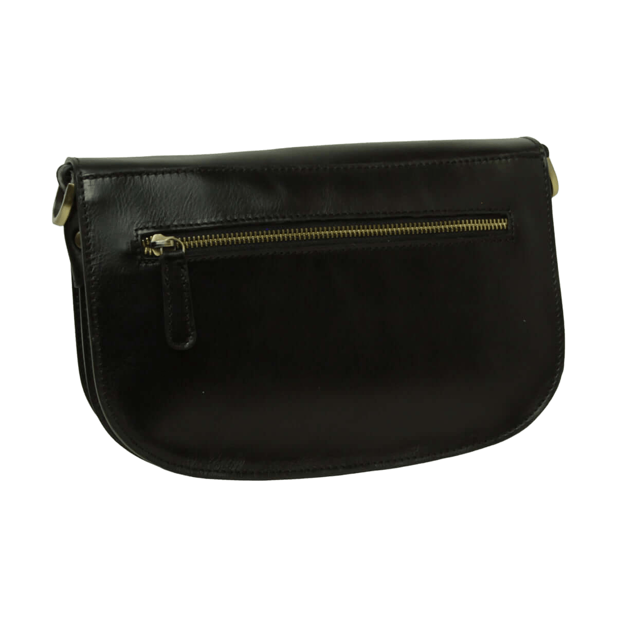 Borsa a tracolla nera in vitello con zip frontale dorata e tasca semicircolare.