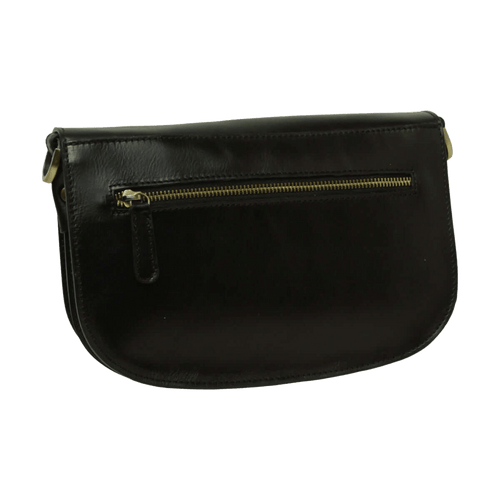 Borsa a tracolla nera in vitello con zip frontale dorata e tasca semicircolare.