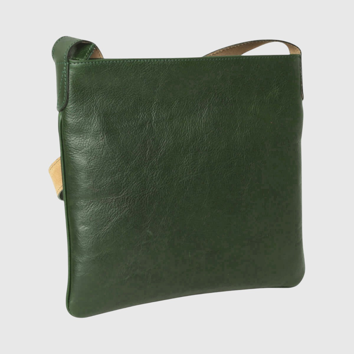 Borsa a tracolla in pelle verde grande rettangolare con tracolla in cuoio