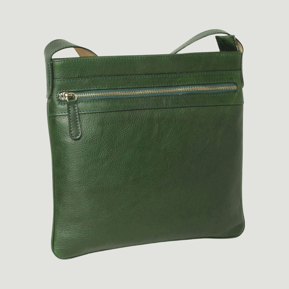 Borsa a tracolla in pelle verde con tasca frontale con zip