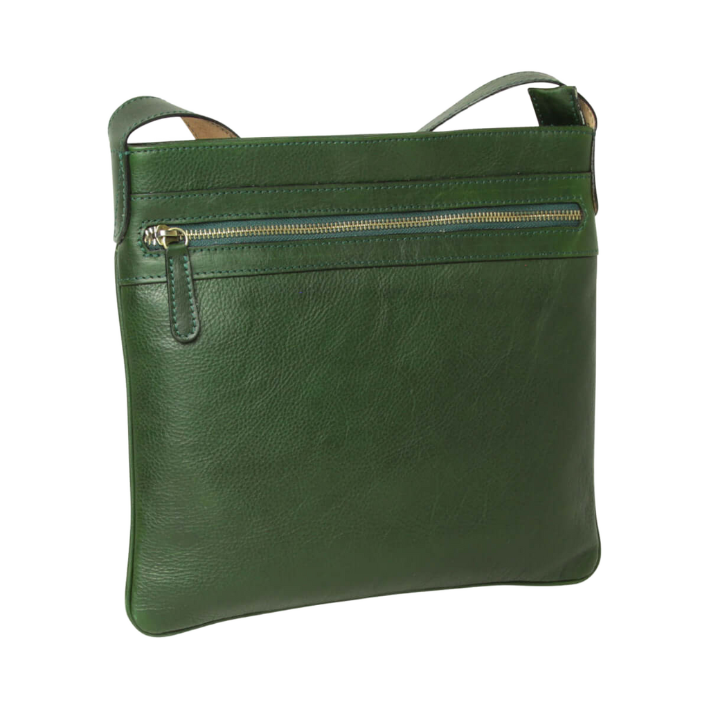 Borsa a tracolla verde con zip orizzontale e tasca frontale