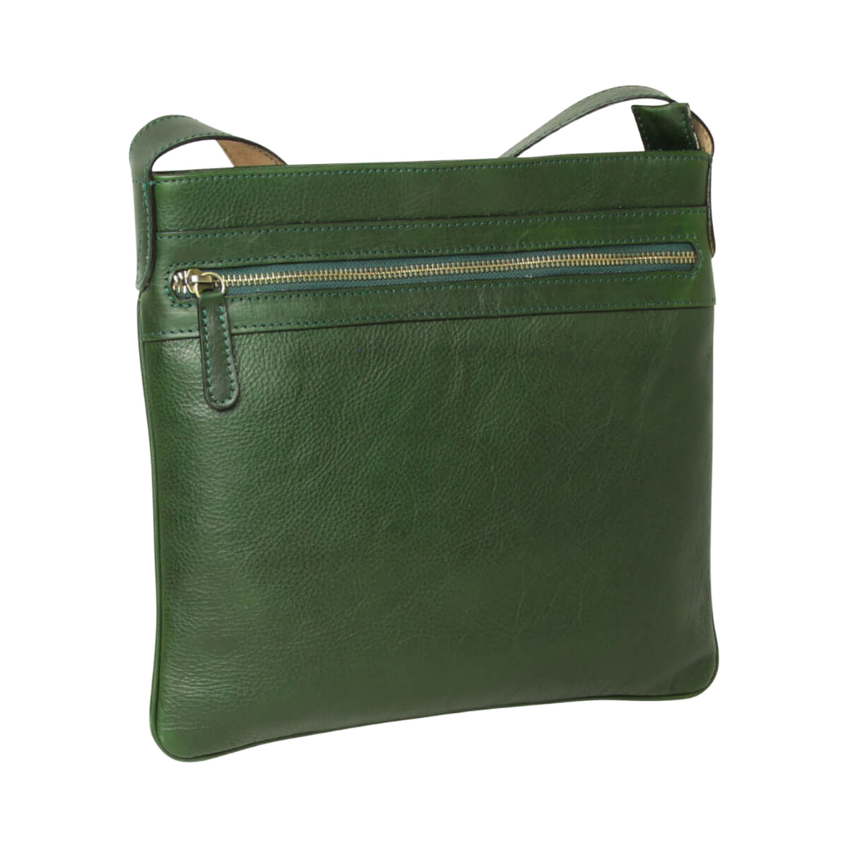 Borsa a tracolla verde con zip orizzontale e tasca frontale