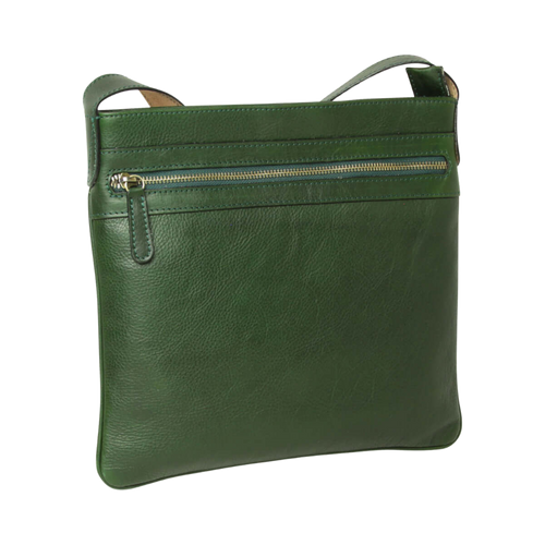 Borsa a tracolla verde con zip orizzontale e tasca frontale