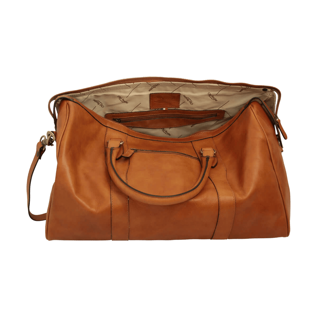 Borsa da viaggio in pelle marrone con interno foderato e tasca con zip