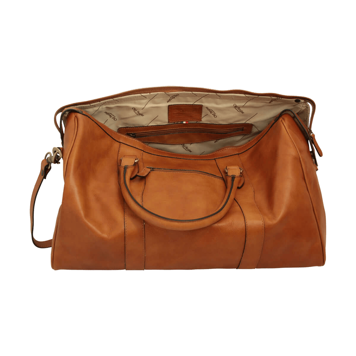Borsa da viaggio in pelle marrone con interno foderato e tasca con zip