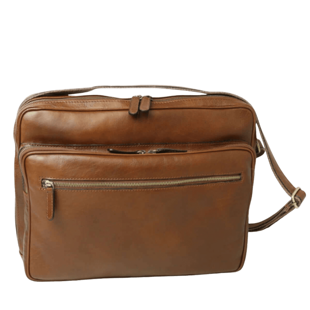 Borsa messenger in pelle marrone con zip anteriore e tracolla
