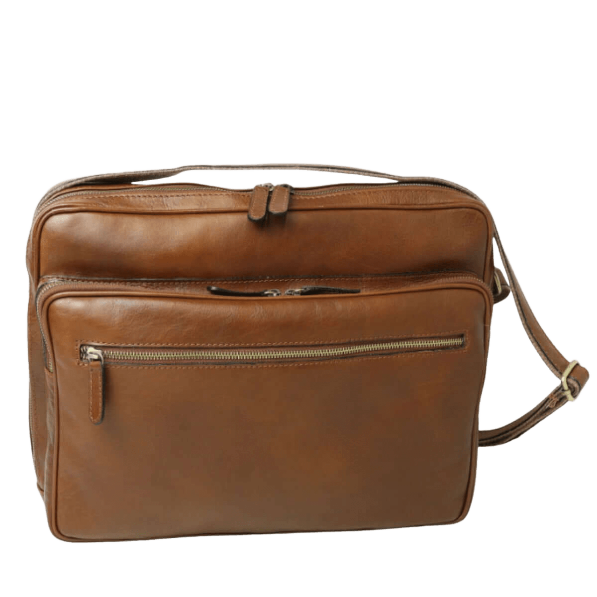 Borsa messenger in pelle marrone con zip anteriore e tracolla