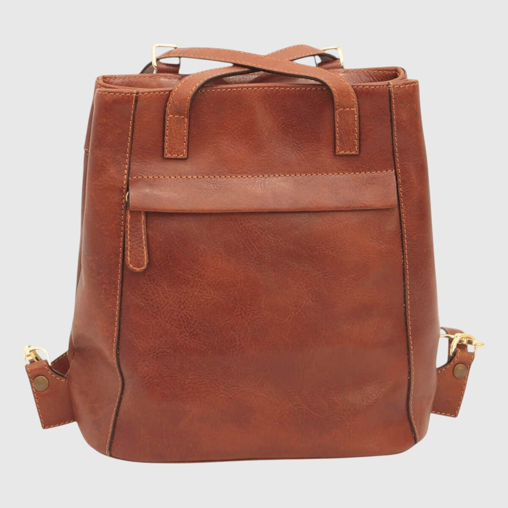 Zaino in pelle marrone con doppia tasca frontale e chiusura con zip