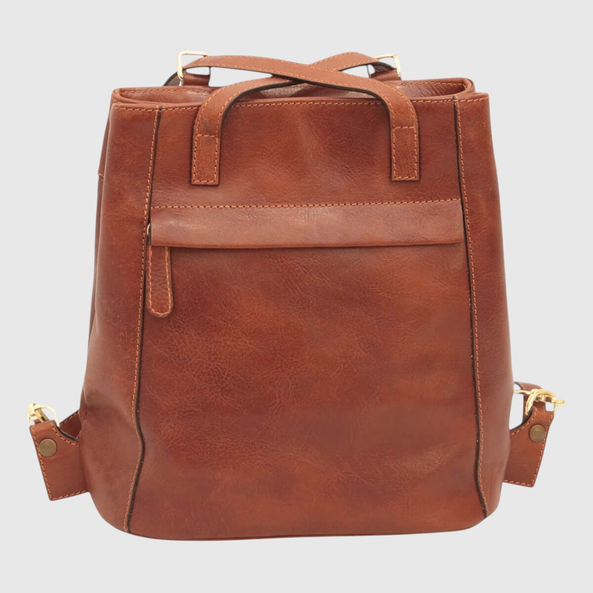Zaino in pelle marrone con doppia tasca frontale e chiusura con zip