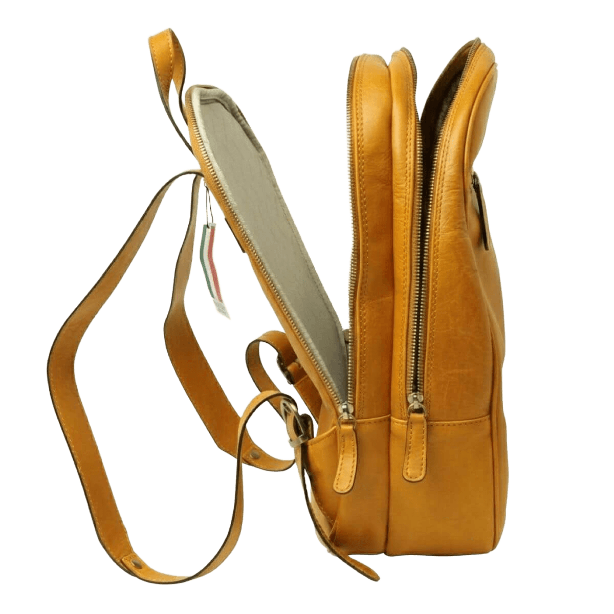 Zaino in pelle giallo ocra con tasca frontale con zip e tracolla