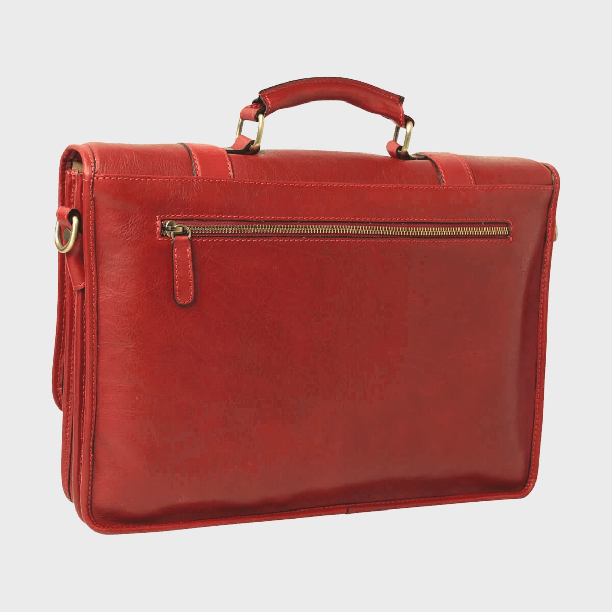 Cartella in pelle rossa con zip frontale e maniglia superiore