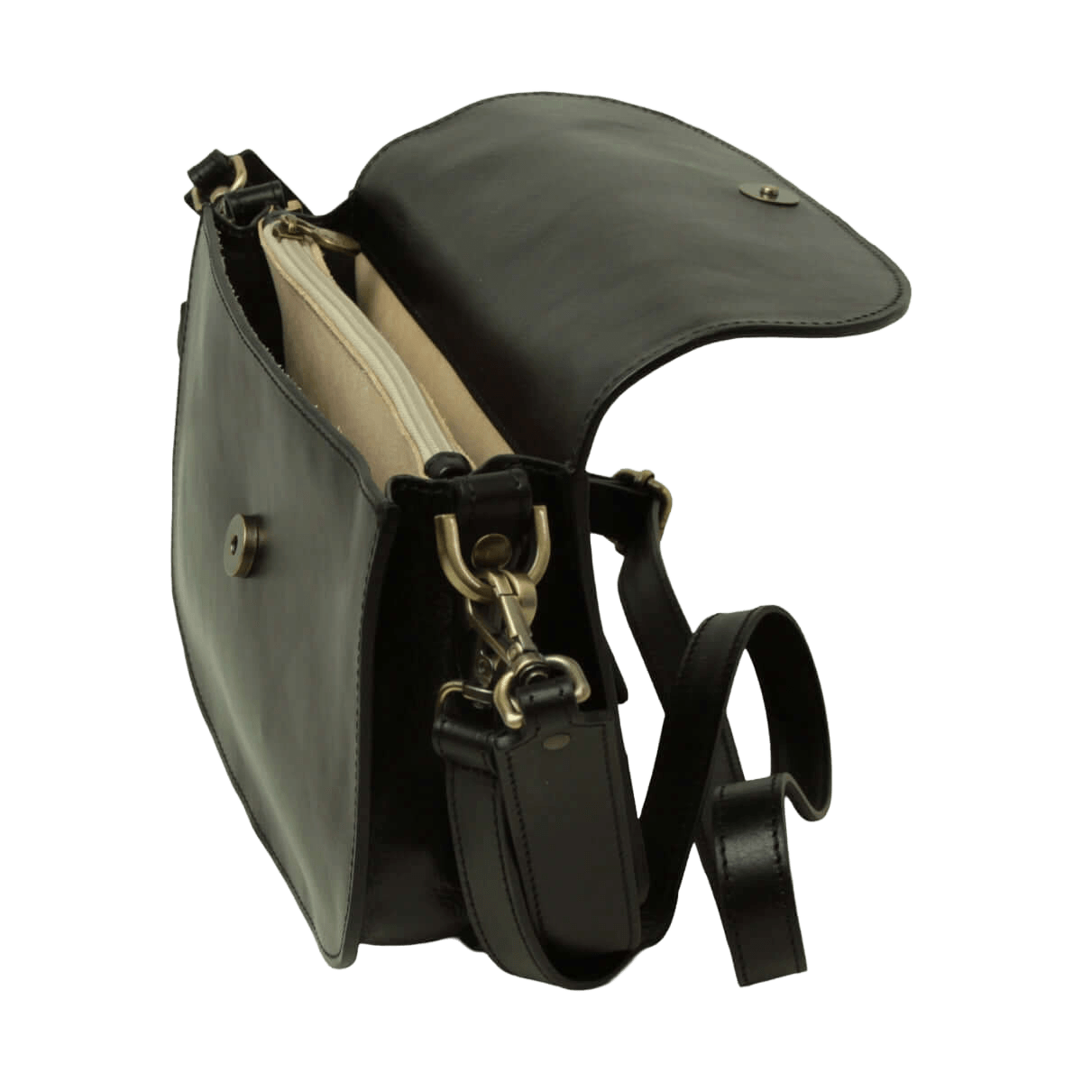 Borsa a tracolla nera in vitello, vista laterale con fodera beige e fibbia.