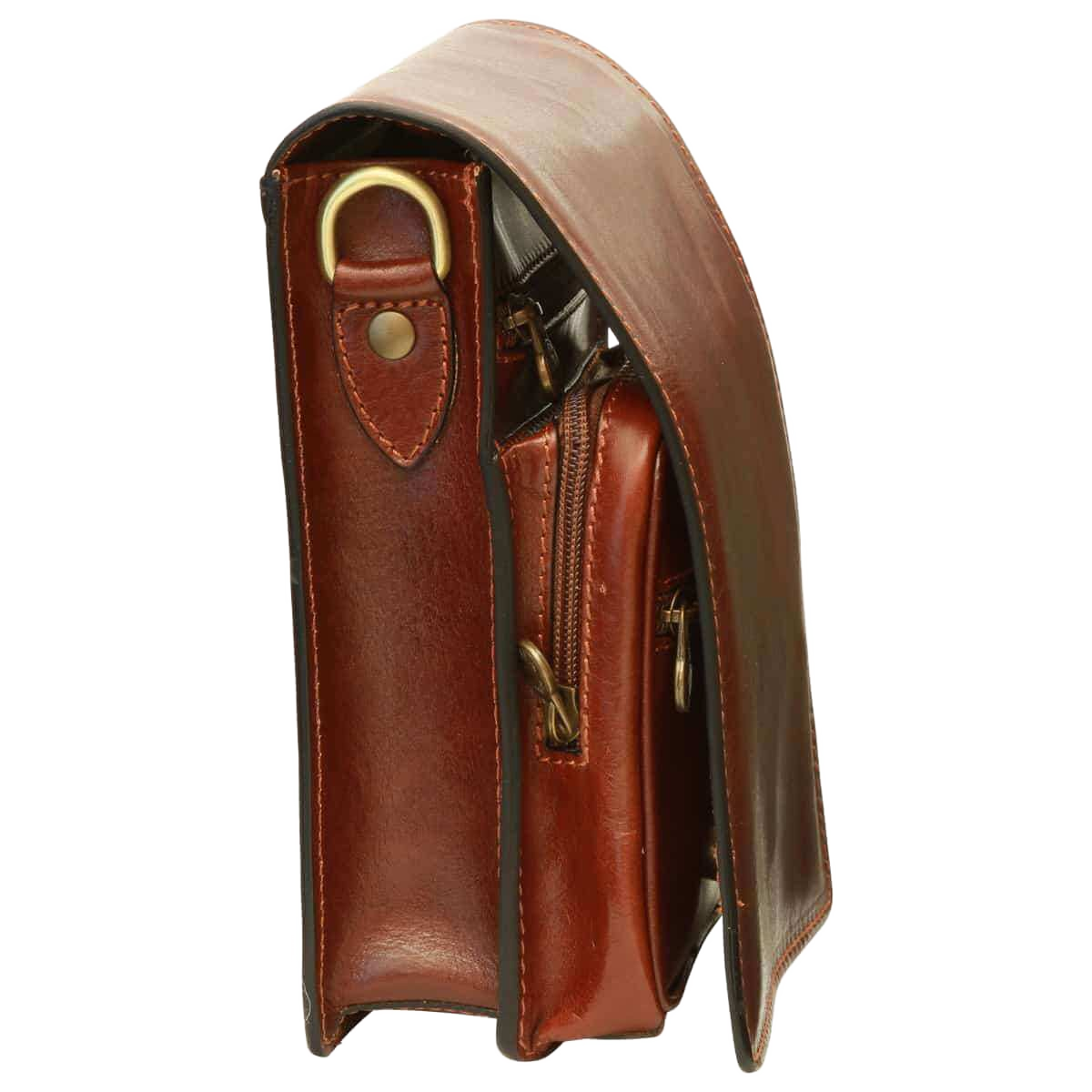 Borsello in pelle marrone laterale con tasca interna e zip