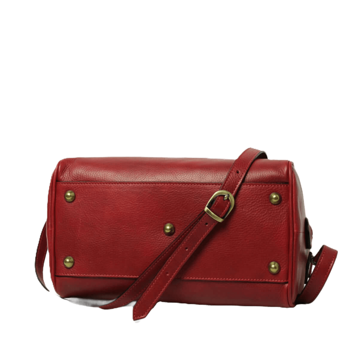Bauletto in pelle rossa con tracolla regolabile e bottoni metallici frontali.
