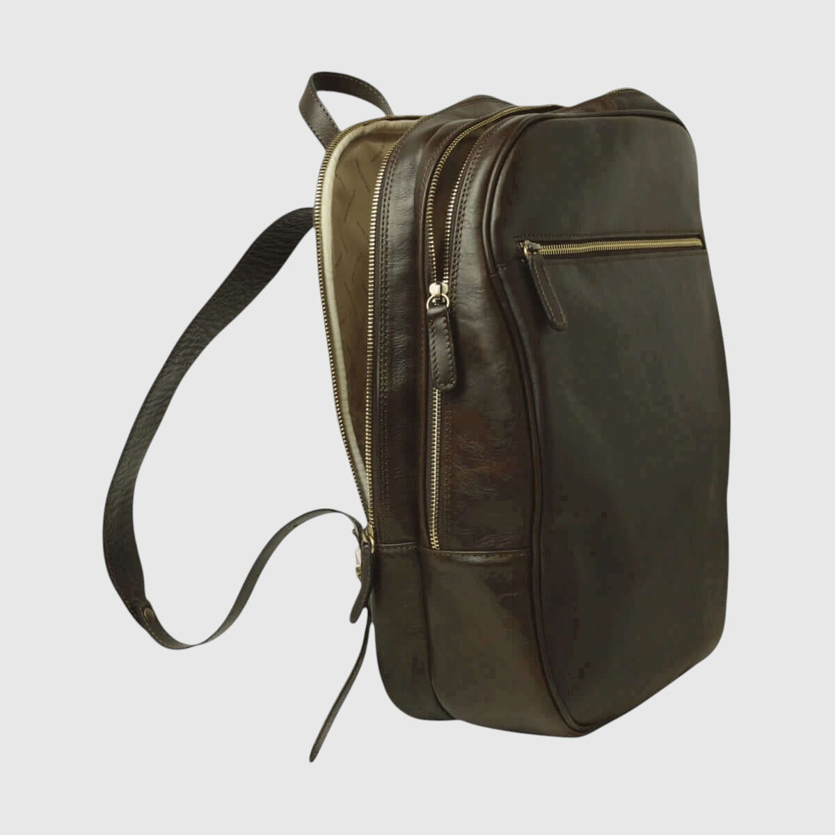 Zaino in pelle marrone scuro con tracolla e tasca frontale a zip