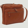 Borsa messenger in pelle marrone con chiusura a zip grande e tasca frontale con zip